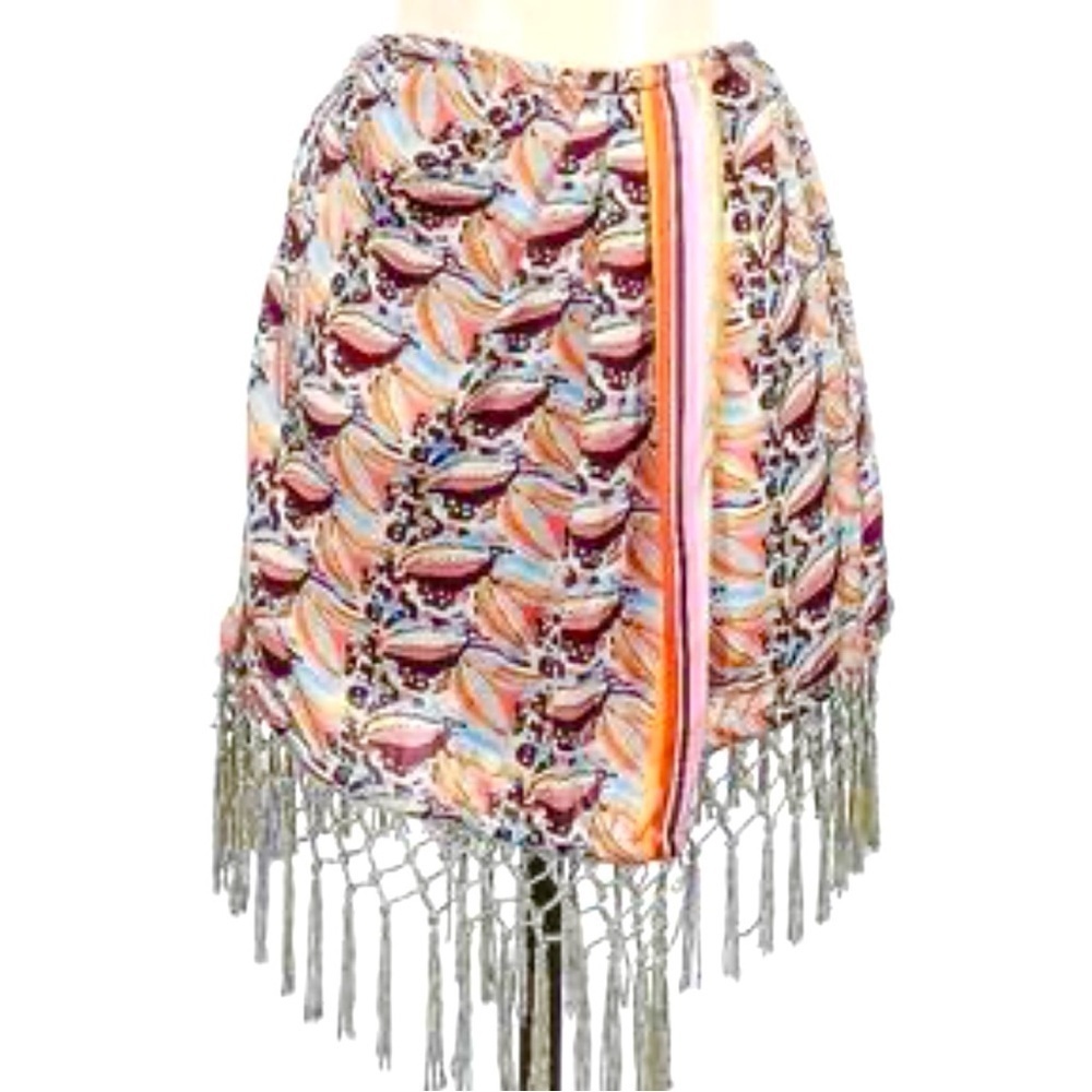 Anthropologie Wrap Mini Skirt Tassel Fringe Trim Geometric Multicolor XS NWT
